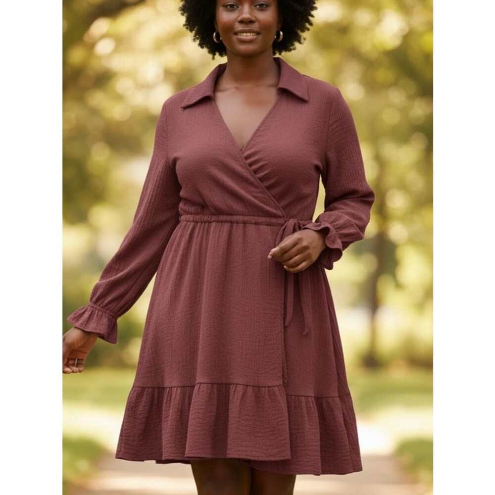 Maurices Dusty Rose Wrap Dress XL Tie Waist Long Sleeve Tiered Boho Dress